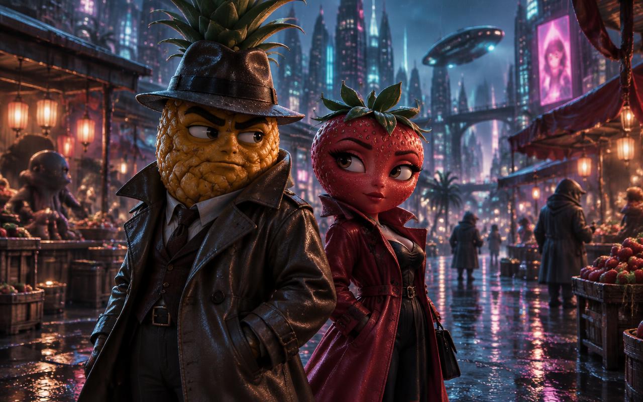 Escena cinematográfica de una piña detective y una fresa en una ciudad futurista